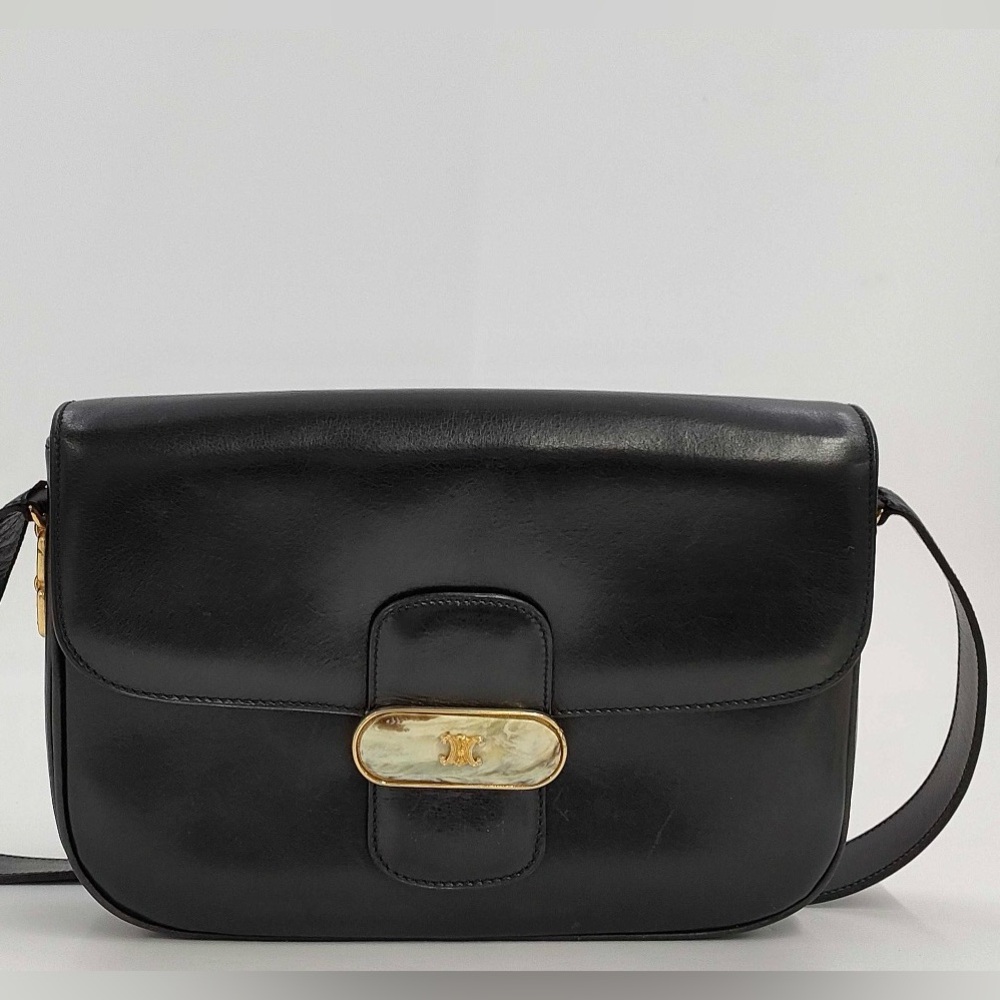 Celine Black Leather Crossbody with Gold-Tone Medallion